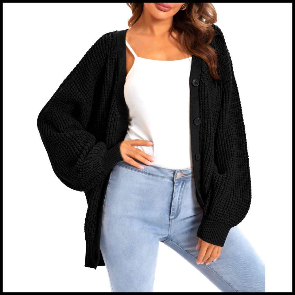 100% Cotton Oversized Cardigan, Button-Down V-Neck, Chunky Knit Sweater
